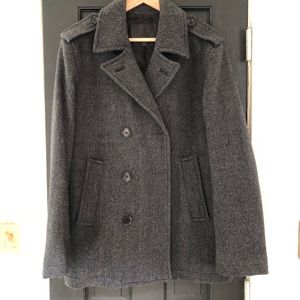 Coach Mens Herringbone Wool Blend Peacoat with Leather Details